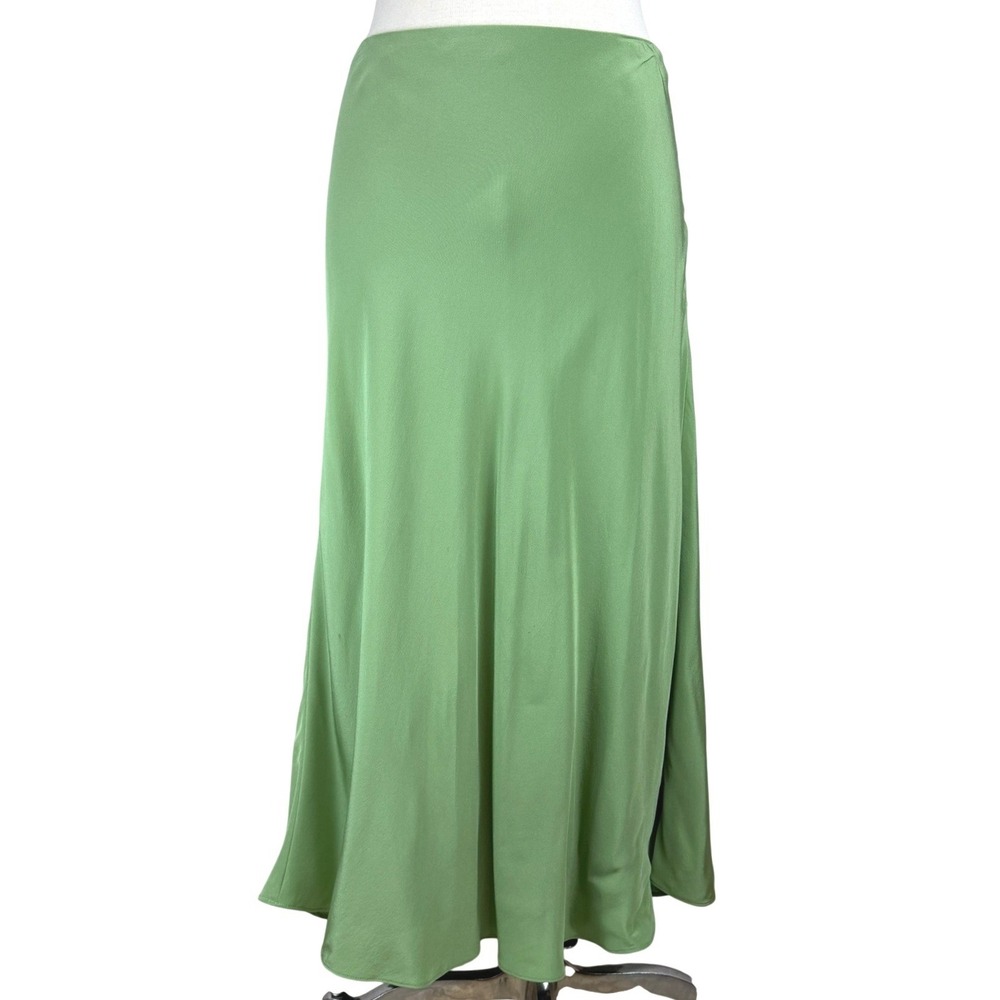 M.M. LAFLEUR Womens Bias Silk Skirt|12|Green Lined Floby Midi Preppy Minimalist
